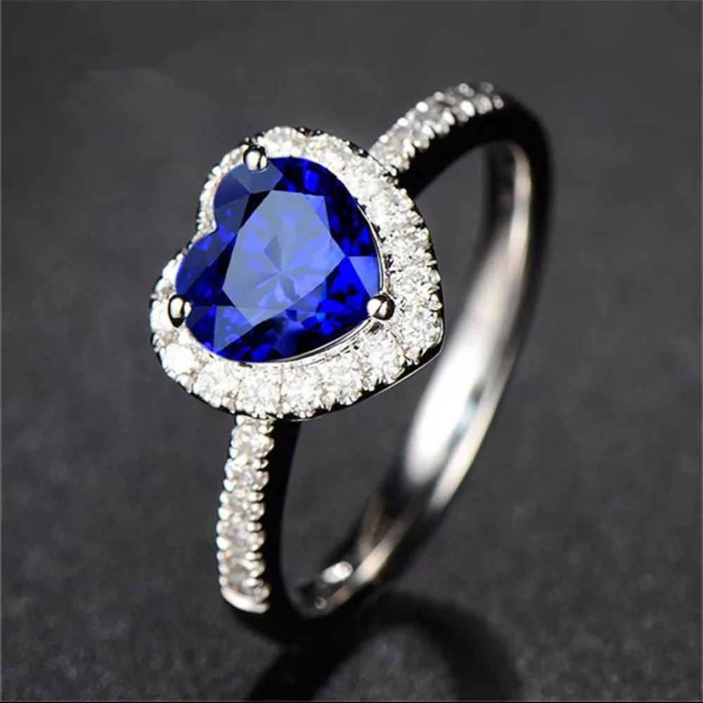 Silver Ring Bridal  Blue Heart Cubic Zirconia Ring - Picture 3 of 5